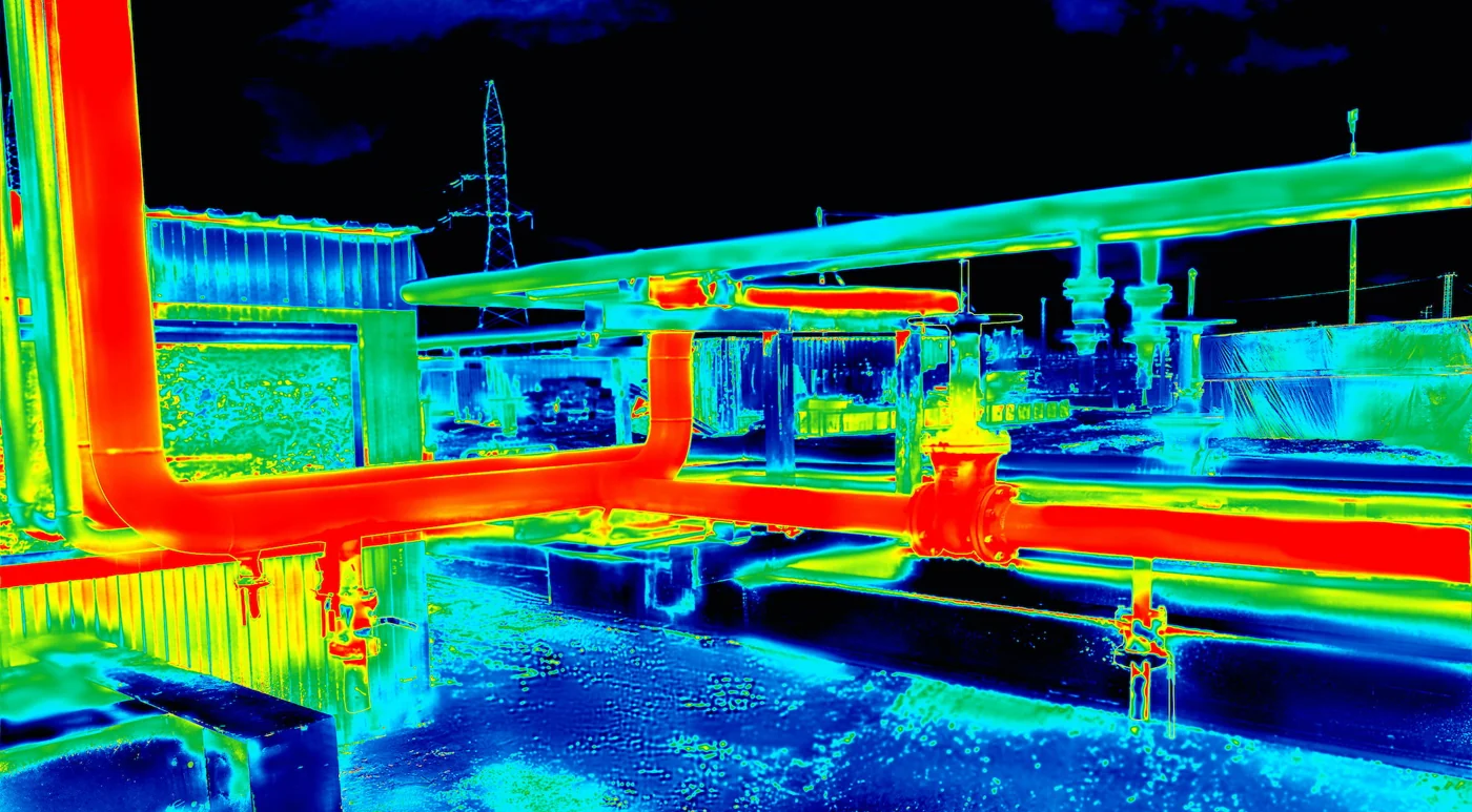 Thermal image of pipework showing temperature differences in blue, green, yellow and red